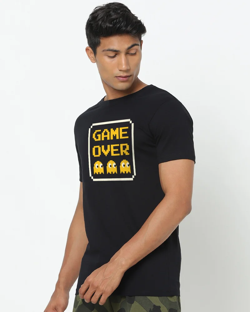 بيواكوف Men's Jet Black Game Over Graphic Printed T-shirt